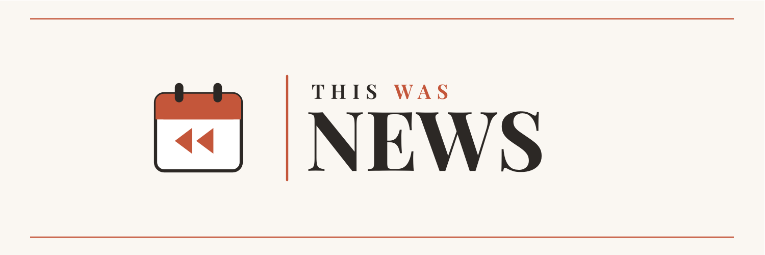 This Was News logo featuring a calendar icon with rewind arrows, alongside the text 'THIS WAS NEWS' in a serif font, with 'WAS' highlighted in orange-red and 'NEWS' in bold black.